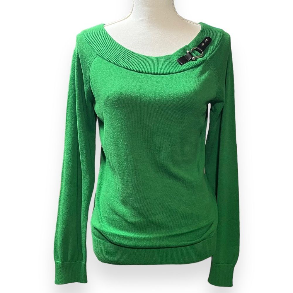Lauren Ralph Lauren Sweater Green Boatneck Faux Leather Black Buckle Long Sleeve